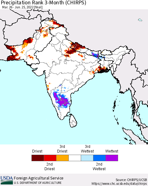 Southern Asia Precipitation Rank 3-Month (CHIRPS) Thematic Map For 3/26/2022 - 6/25/2022