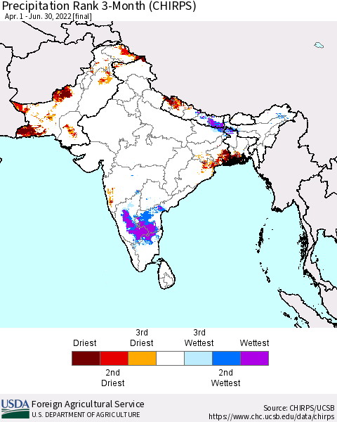 Southern Asia Precipitation Rank 3-Month (CHIRPS) Thematic Map For 4/1/2022 - 6/30/2022