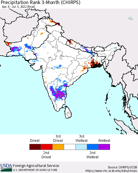 Southern Asia Precipitation Rank 3-Month (CHIRPS) Thematic Map For 4/6/2022 - 7/5/2022