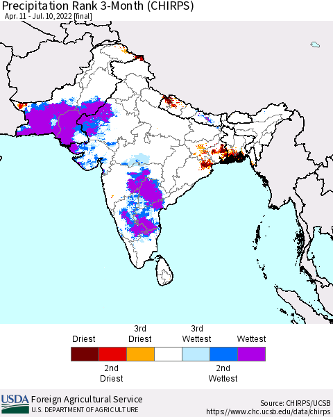 Southern Asia Precipitation Rank 3-Month (CHIRPS) Thematic Map For 4/11/2022 - 7/10/2022
