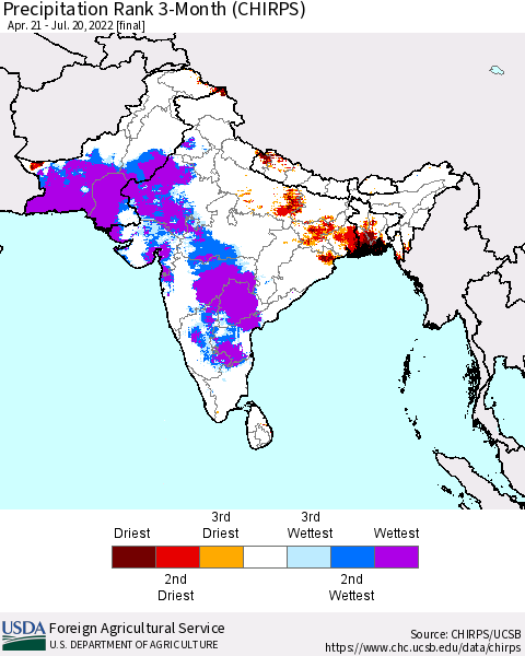 Southern Asia Precipitation Rank 3-Month (CHIRPS) Thematic Map For 4/21/2022 - 7/20/2022