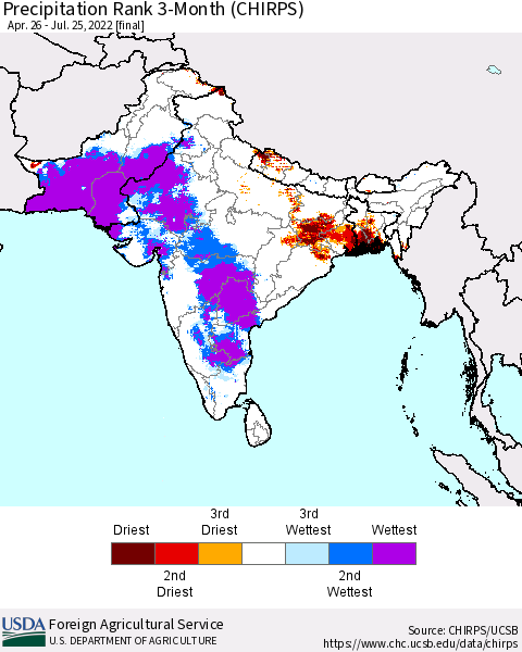 Southern Asia Precipitation Rank 3-Month (CHIRPS) Thematic Map For 4/26/2022 - 7/25/2022
