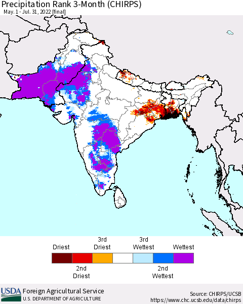 Southern Asia Precipitation Rank since 1981, 3-Month (CHIRPS) Thematic Map For 5/1/2022 - 7/31/2022