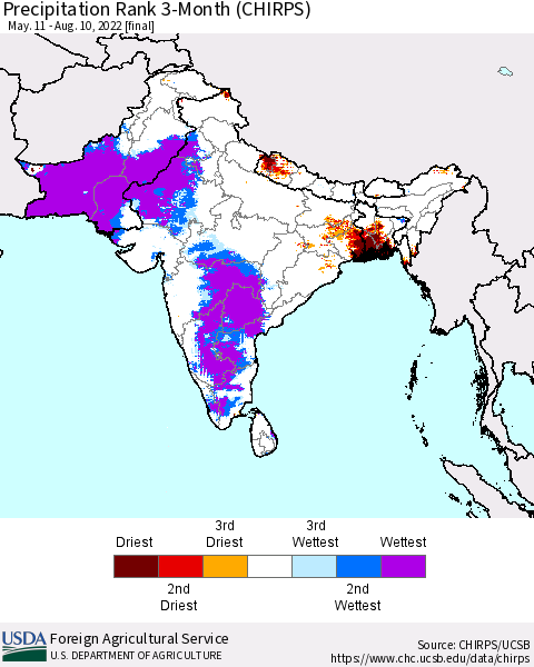 Southern Asia Precipitation Rank since 1981, 3-Month (CHIRPS) Thematic Map For 5/11/2022 - 8/10/2022