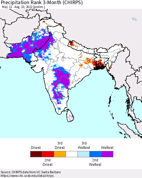 Southern Asia Precipitation Rank 3-Month (CHIRPS) Thematic Map For 5/11/2022 - 8/10/2022