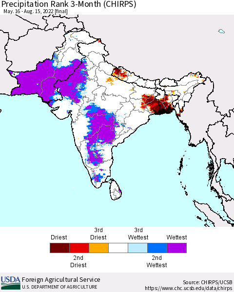 Southern Asia Precipitation Rank since 1981, 3-Month (CHIRPS) Thematic Map For 5/16/2022 - 8/15/2022