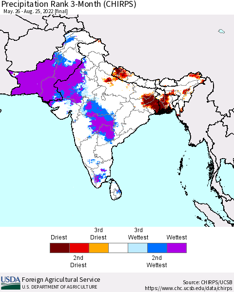 Southern Asia Precipitation Rank since 1981, 3-Month (CHIRPS) Thematic Map For 5/26/2022 - 8/25/2022