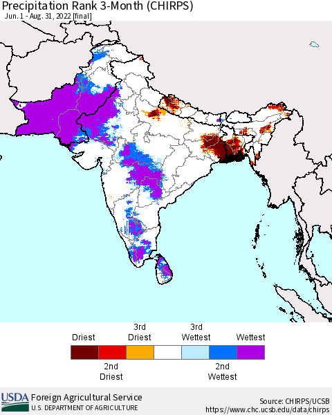 Southern Asia Precipitation Rank 3-Month (CHIRPS) Thematic Map For 6/1/2022 - 8/31/2022