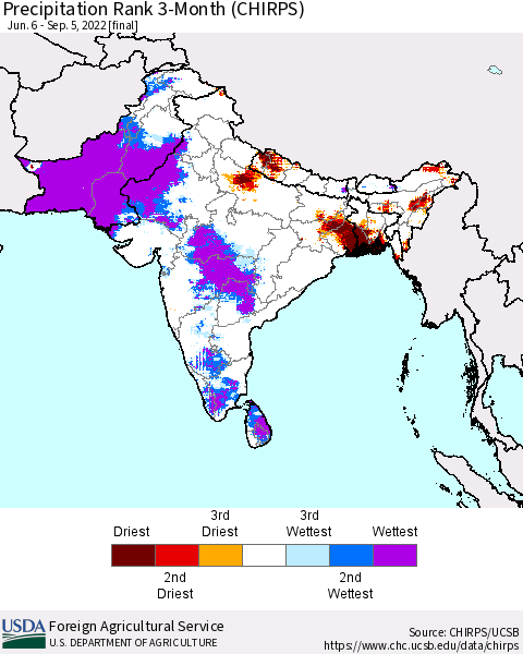 Southern Asia Precipitation Rank 3-Month (CHIRPS) Thematic Map For 6/6/2022 - 9/5/2022