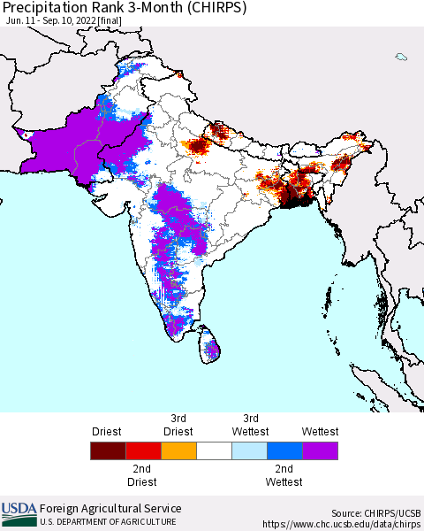 Southern Asia Precipitation Rank since 1981, 3-Month (CHIRPS) Thematic Map For 6/11/2022 - 9/10/2022