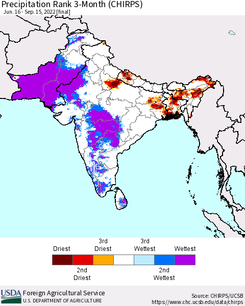 Southern Asia Precipitation Rank since 1981, 3-Month (CHIRPS) Thematic Map For 6/16/2022 - 9/15/2022