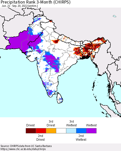 Southern Asia Precipitation Rank 3-Month (CHIRPS) Thematic Map For 6/21/2022 - 9/20/2022