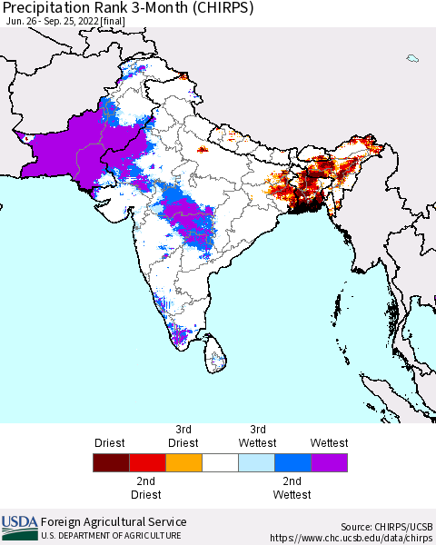 Southern Asia Precipitation Rank since 1981, 3-Month (CHIRPS) Thematic Map For 6/26/2022 - 9/25/2022