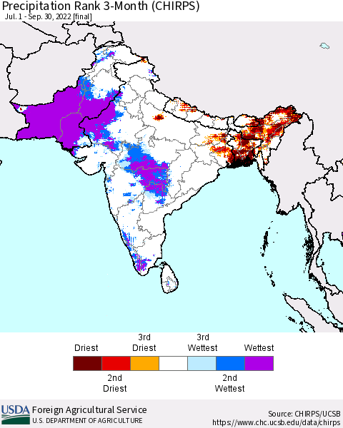Southern Asia Precipitation Rank since 1981, 3-Month (CHIRPS) Thematic Map For 7/1/2022 - 9/30/2022