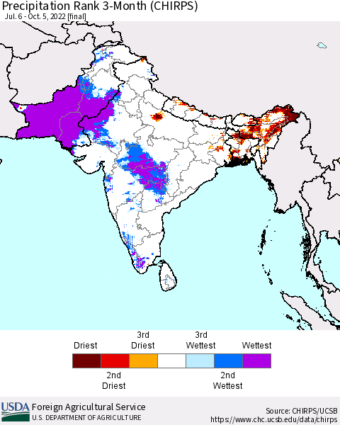 Southern Asia Precipitation Rank since 1981, 3-Month (CHIRPS) Thematic Map For 7/6/2022 - 10/5/2022
