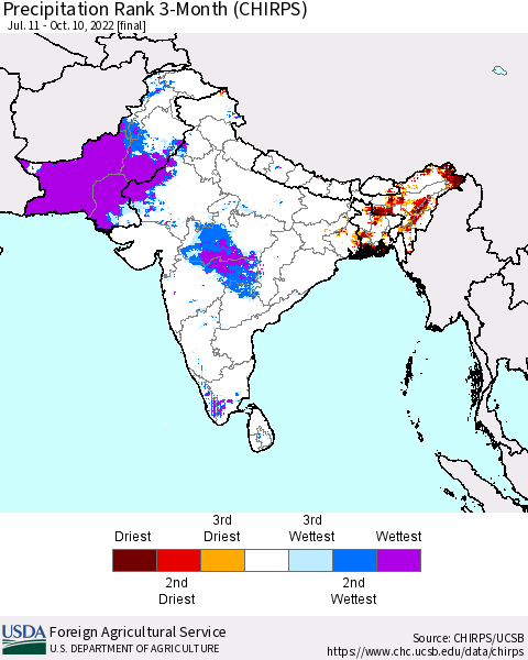 Southern Asia Precipitation Rank since 1981, 3-Month (CHIRPS) Thematic Map For 7/11/2022 - 10/10/2022