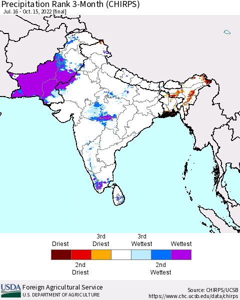 Southern Asia Precipitation Rank since 1981, 3-Month (CHIRPS) Thematic Map For 7/16/2022 - 10/15/2022