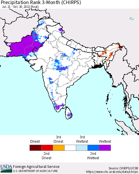 Southern Asia Precipitation Rank since 1981, 3-Month (CHIRPS) Thematic Map For 7/21/2022 - 10/20/2022