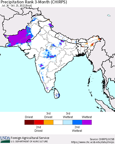 Southern Asia Precipitation Rank since 1981, 3-Month (CHIRPS) Thematic Map For 7/26/2022 - 10/25/2022