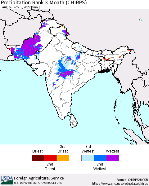 Southern Asia Precipitation Rank since 1981, 3-Month (CHIRPS) Thematic Map For 8/6/2022 - 11/5/2022