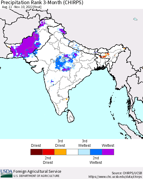 Southern Asia Precipitation Rank since 1981, 3-Month (CHIRPS) Thematic Map For 8/11/2022 - 11/10/2022
