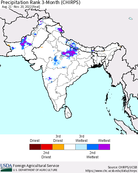 Southern Asia Precipitation Rank since 1981, 3-Month (CHIRPS) Thematic Map For 8/21/2022 - 11/20/2022