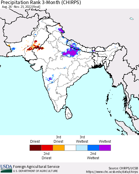 Southern Asia Precipitation Rank since 1981, 3-Month (CHIRPS) Thematic Map For 8/26/2022 - 11/25/2022