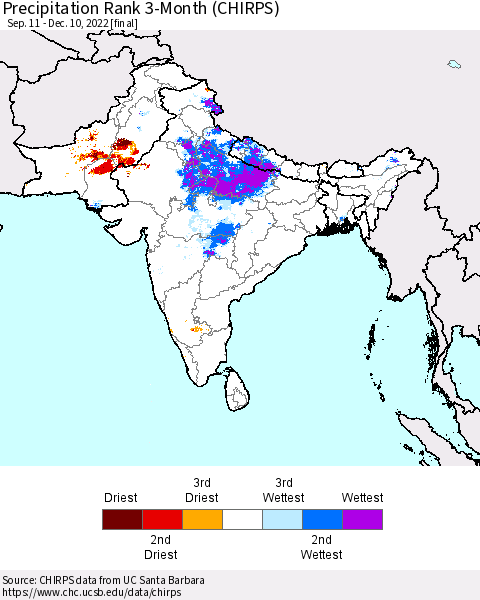 Southern Asia Precipitation Rank since 1981, 3-Month (CHIRPS) Thematic Map For 9/11/2022 - 12/10/2022