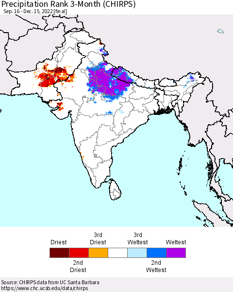 Southern Asia Precipitation Rank since 1981, 3-Month (CHIRPS) Thematic Map For 9/16/2022 - 12/15/2022