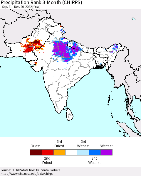 Southern Asia Precipitation Rank since 1981, 3-Month (CHIRPS) Thematic Map For 9/21/2022 - 12/20/2022