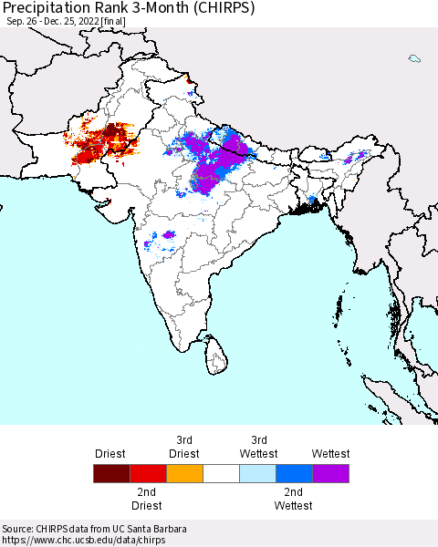 Southern Asia Precipitation Rank since 1981, 3-Month (CHIRPS) Thematic Map For 9/26/2022 - 12/25/2022