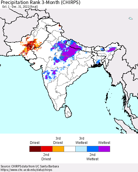 Southern Asia Precipitation Rank since 1981, 3-Month (CHIRPS) Thematic Map For 10/1/2022 - 12/31/2022