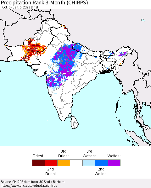 Southern Asia Precipitation Rank 3-Month (CHIRPS) Thematic Map For 10/6/2022 - 1/5/2023