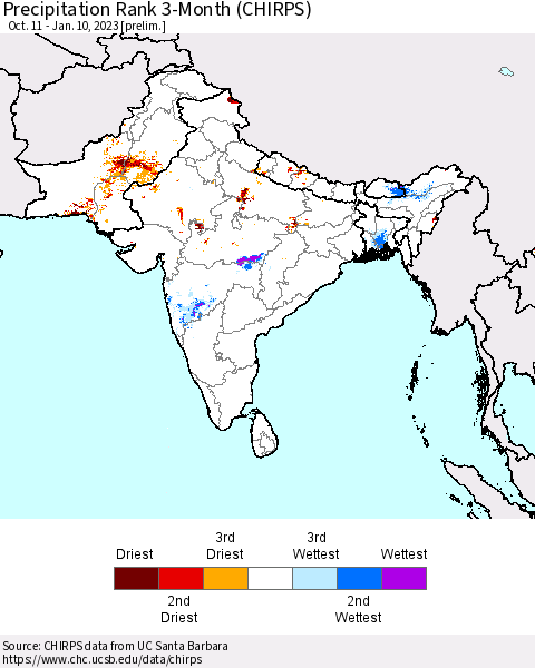 Southern Asia Precipitation Rank 3-Month (CHIRPS) Thematic Map For 10/11/2022 - 1/10/2023