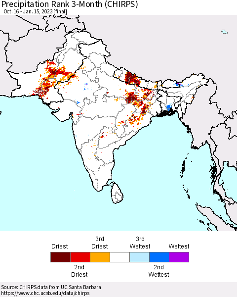 Southern Asia Precipitation Rank since 1981, 3-Month (CHIRPS) Thematic Map For 10/16/2022 - 1/15/2023