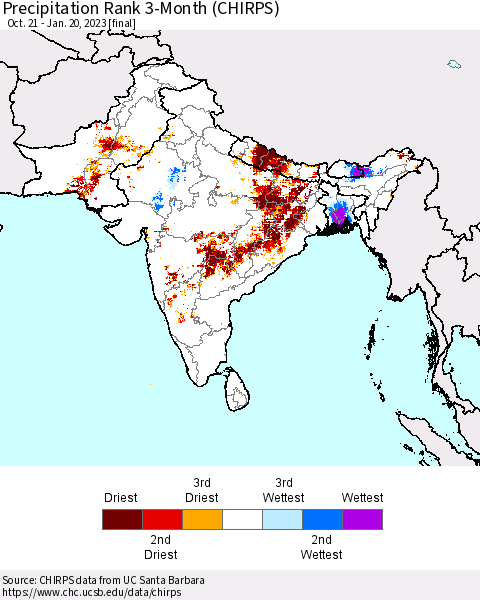 Southern Asia Precipitation Rank since 1981, 3-Month (CHIRPS) Thematic Map For 10/21/2022 - 1/20/2023