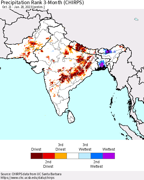 Southern Asia Precipitation Rank 3-Month (CHIRPS) Thematic Map For 10/21/2022 - 1/20/2023