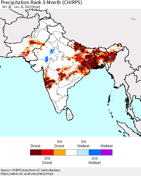 Southern Asia Precipitation Rank since 1981, 3-Month (CHIRPS) Thematic Map For 10/26/2022 - 1/25/2023