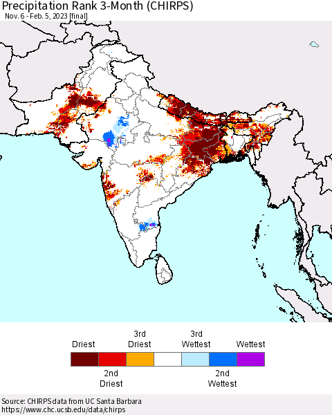 Southern Asia Precipitation Rank 3-Month (CHIRPS) Thematic Map For 11/6/2022 - 2/5/2023