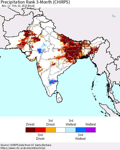 Southern Asia Precipitation Rank 3-Month (CHIRPS) Thematic Map For 11/11/2022 - 2/10/2023