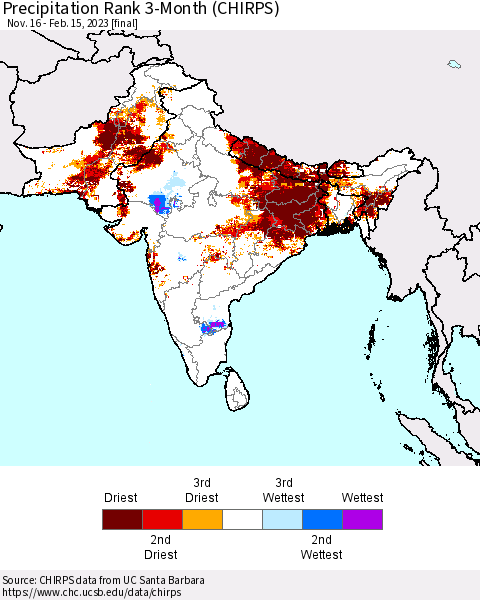 Southern Asia Precipitation Rank 3-Month (CHIRPS) Thematic Map For 11/16/2022 - 2/15/2023
