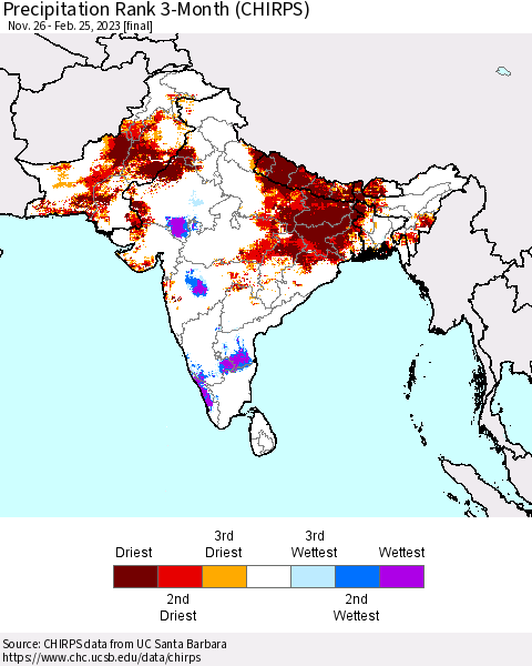 Southern Asia Precipitation Rank 3-Month (CHIRPS) Thematic Map For 11/26/2022 - 2/25/2023