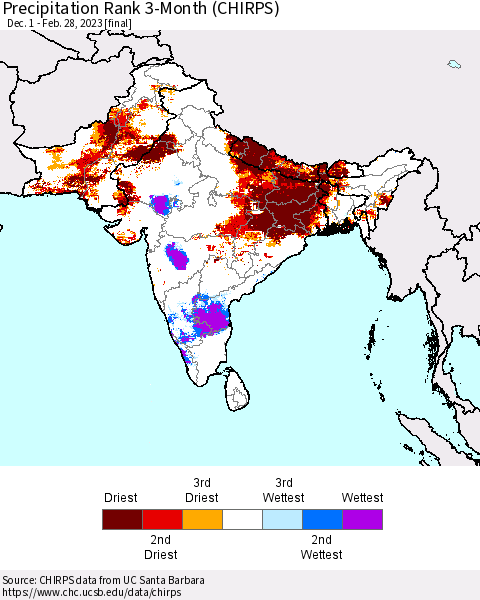 Southern Asia Precipitation Rank 3-Month (CHIRPS) Thematic Map For 12/1/2022 - 2/28/2023
