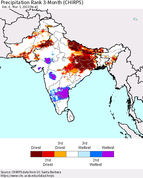 Southern Asia Precipitation Rank since 1981, 3-Month (CHIRPS) Thematic Map For 12/6/2022 - 3/5/2023