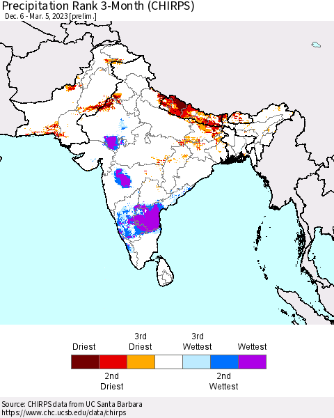 Southern Asia Precipitation Rank 3-Month (CHIRPS) Thematic Map For 12/6/2022 - 3/5/2023