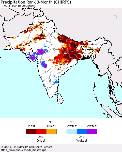 Southern Asia Precipitation Rank since 1981, 3-Month (CHIRPS) Thematic Map For 12/11/2022 - 3/10/2023