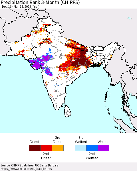 Southern Asia Precipitation Rank since 1981, 3-Month (CHIRPS) Thematic Map For 12/16/2022 - 3/15/2023