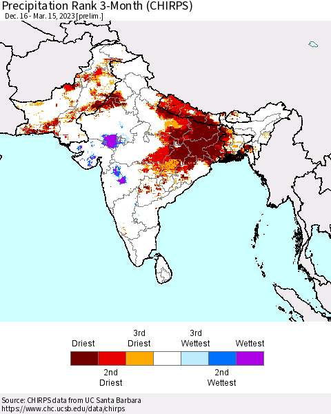 Southern Asia Precipitation Rank 3-Month (CHIRPS) Thematic Map For 12/16/2022 - 3/15/2023