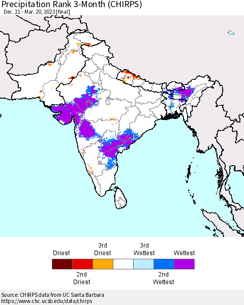 Southern Asia Precipitation Rank since 1981, 3-Month (CHIRPS) Thematic Map For 12/21/2022 - 3/20/2023