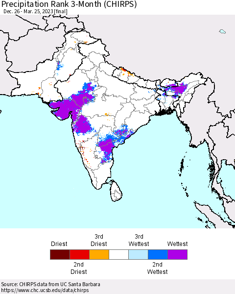 Southern Asia Precipitation Rank since 1981, 3-Month (CHIRPS) Thematic Map For 12/26/2022 - 3/25/2023